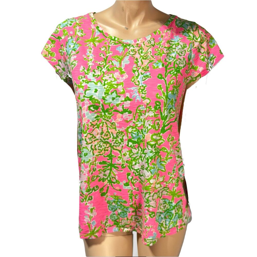 Lilly Pulitzer Etta Tee Shirt Top Southern Charm L Floral Pink Green Whimsical